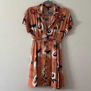 Forever 21 Orange Boho Button Front Floral Print Dress Cream Navy Wine sz Small